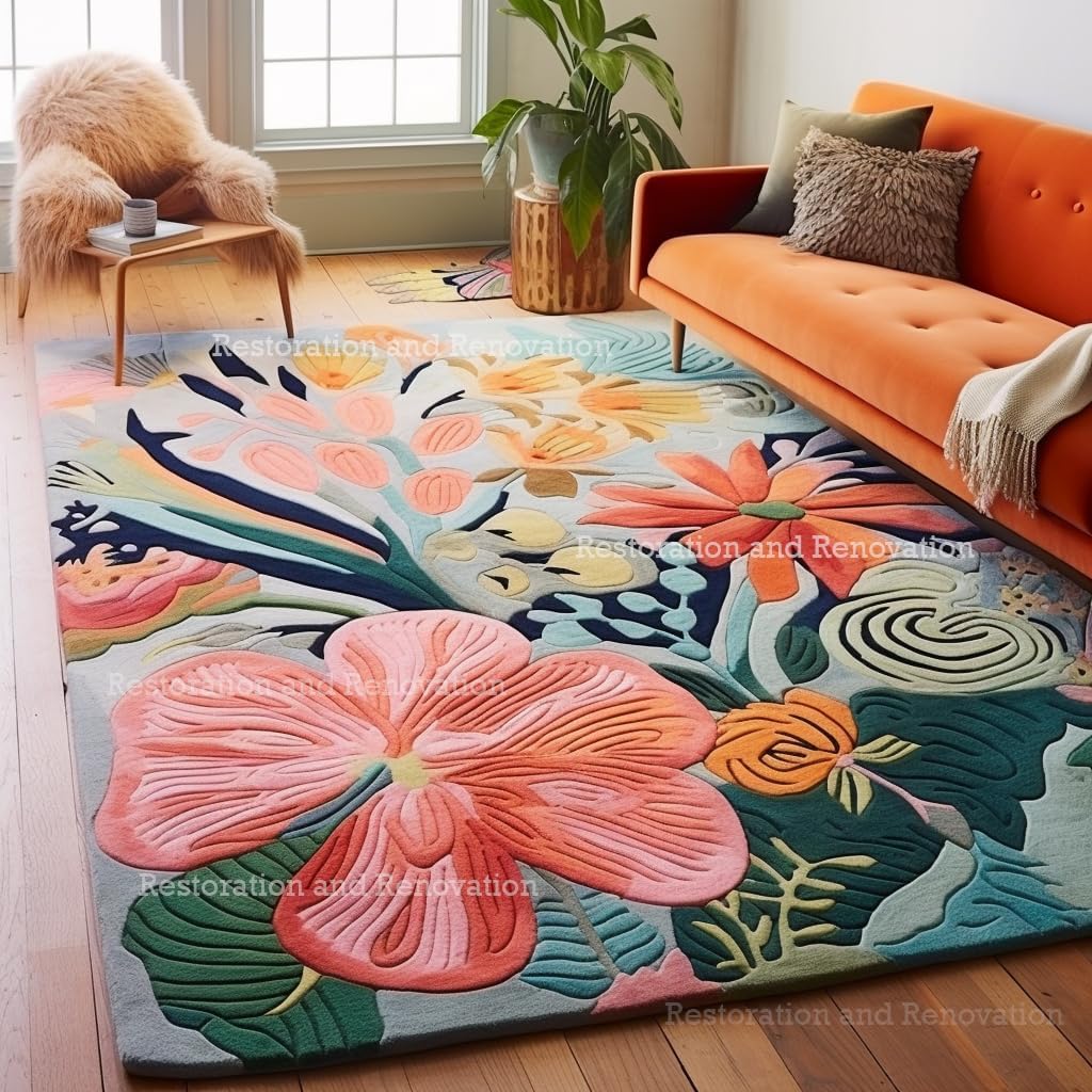 Handmade Wool Floral Area Rug for Living Room | Elegant Flower Garden Design, Soft, Thick and Durable | Bedroom, Dining Room & Home Decor Carpet (6' x 9', Floral D)