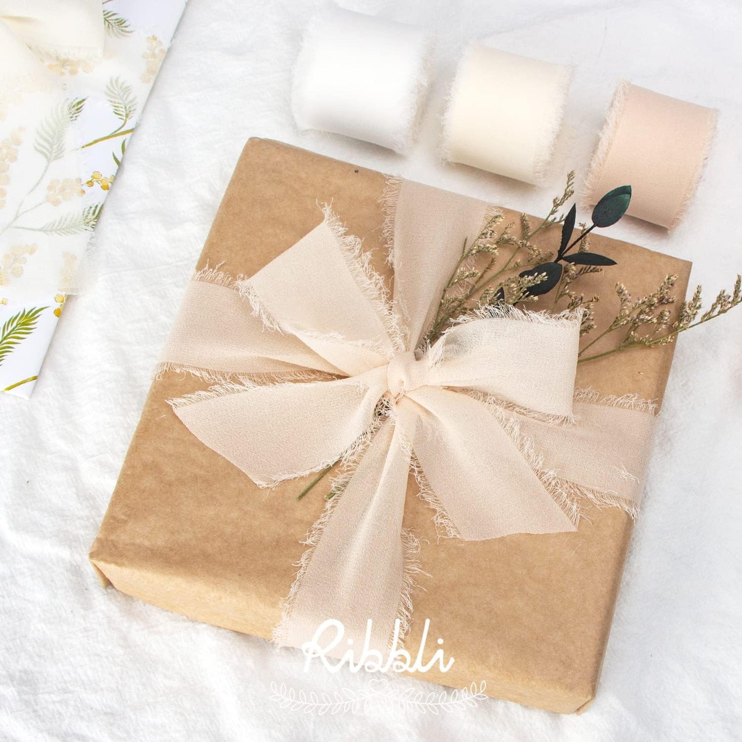 Ribbli Chiffon Ribbon - 1.5 inch x 30 Yard Handmade Silk, White/Ivory/Nude Fringe Chiffon for Wedding Invitations, Gift Wrapping, Bridal Bouquets, Flower Arrangement Decoration