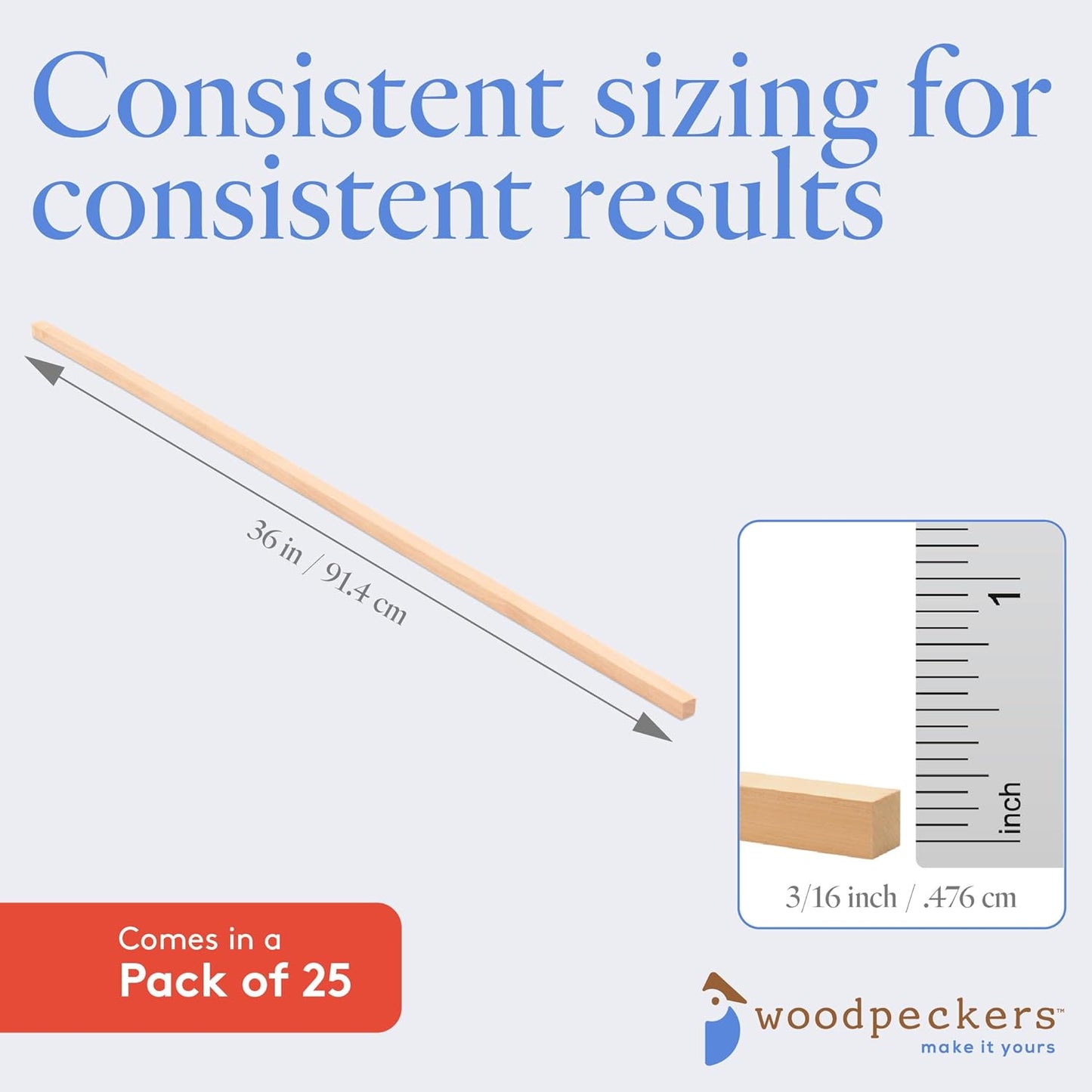 DIY Wooden Square Dowel Rod 3/16-inch x 36 Pack of 25 Hobby Wood Sticks for Crafts, Wood Trim & Architecture Model Making, by Woodpeckers