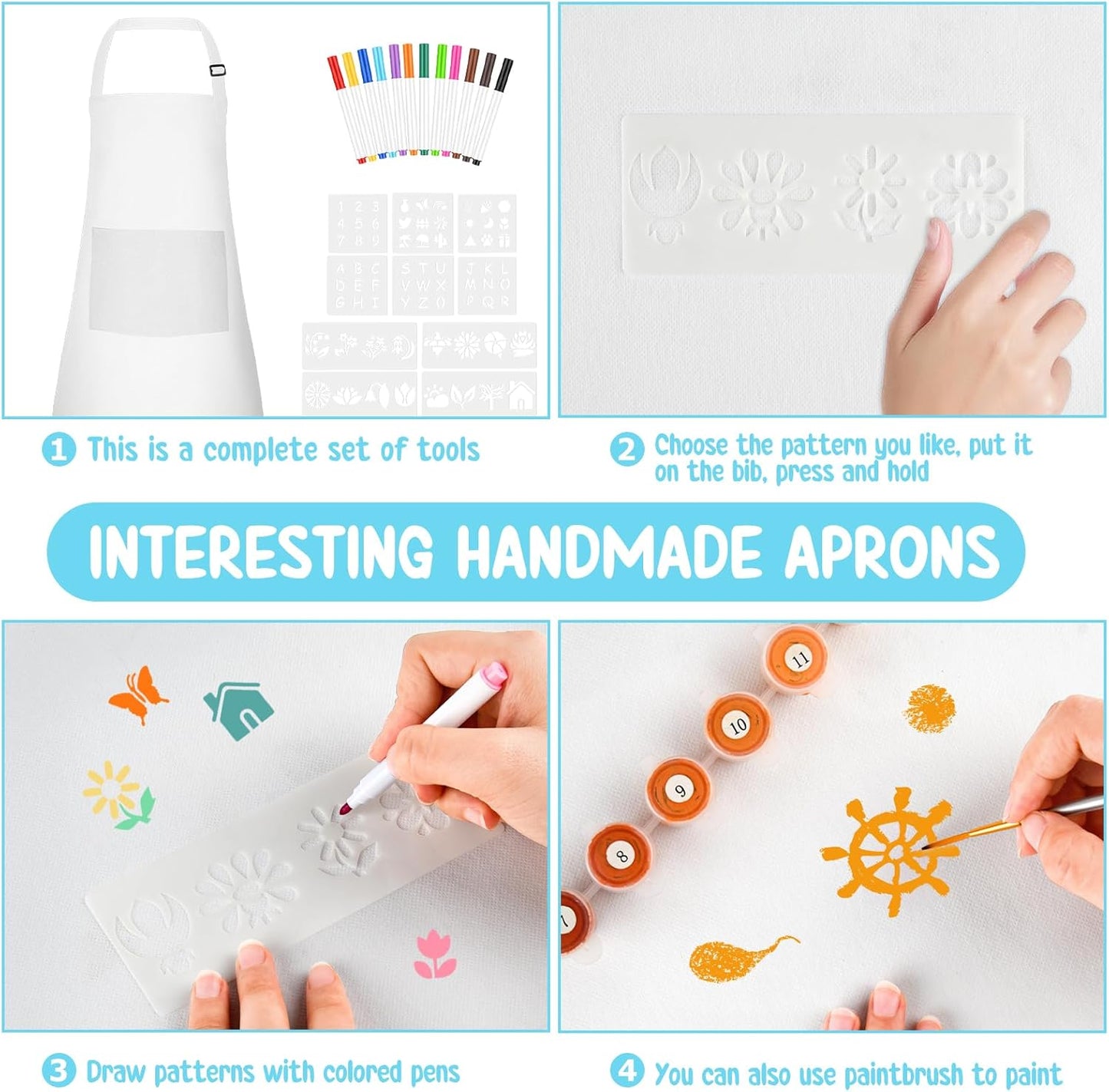 Morcheiong 6/12/24 Pack Adjustable Kid Apron Children Apron with Colored Pen and Craft Template Children Painting Apron-White