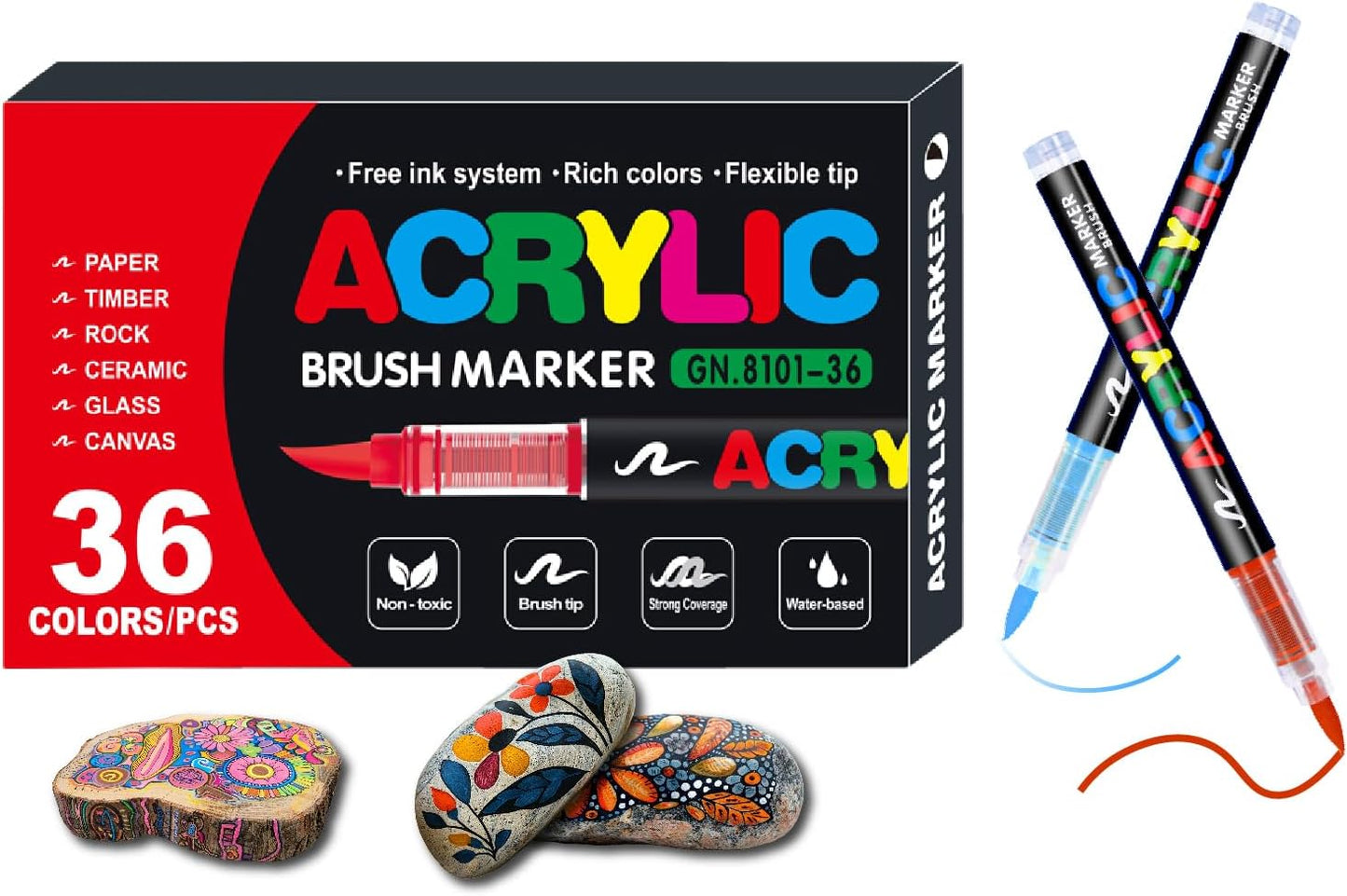 36 Colors No bleeding Non-Toxic Multi-Surface Flexible Tip Acrylic Paint Brush Markers Set, Water-Based Painting Art Pens for Canvas, Glass, Wood, Paper, Ceramic