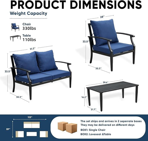 4 Piece Outdoor Patio Furniture Set, Oversized Metal Conversation Set - Image 2