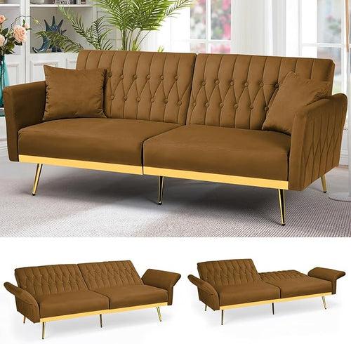 70” Velvet Futon Sofa Bed with 2 Pillows and Adjustable Armrests, Convertible by ACMEASE