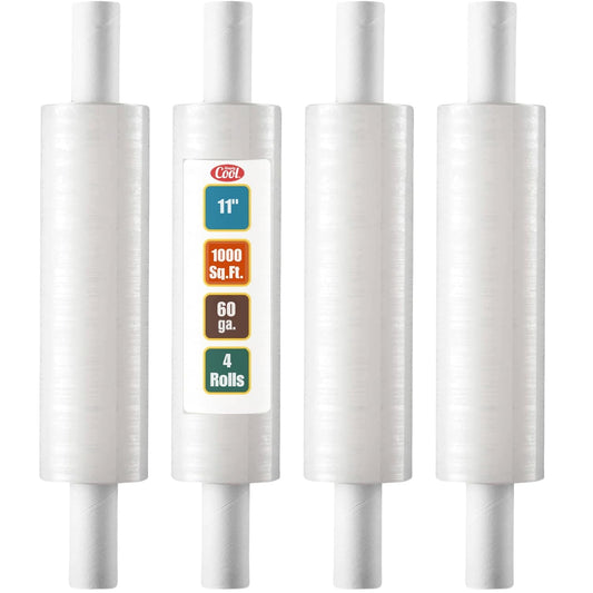 Stretch Wrap with Handle Industrial Strength 4 Pack 11" x 1000 Ft 60 Gauge Thick (15 Micron) Shrink Wrap Roll for Moving Supplies, Furniture, Pallets, Plastic Wrap for Packing, Heavy Duty Stretch Film