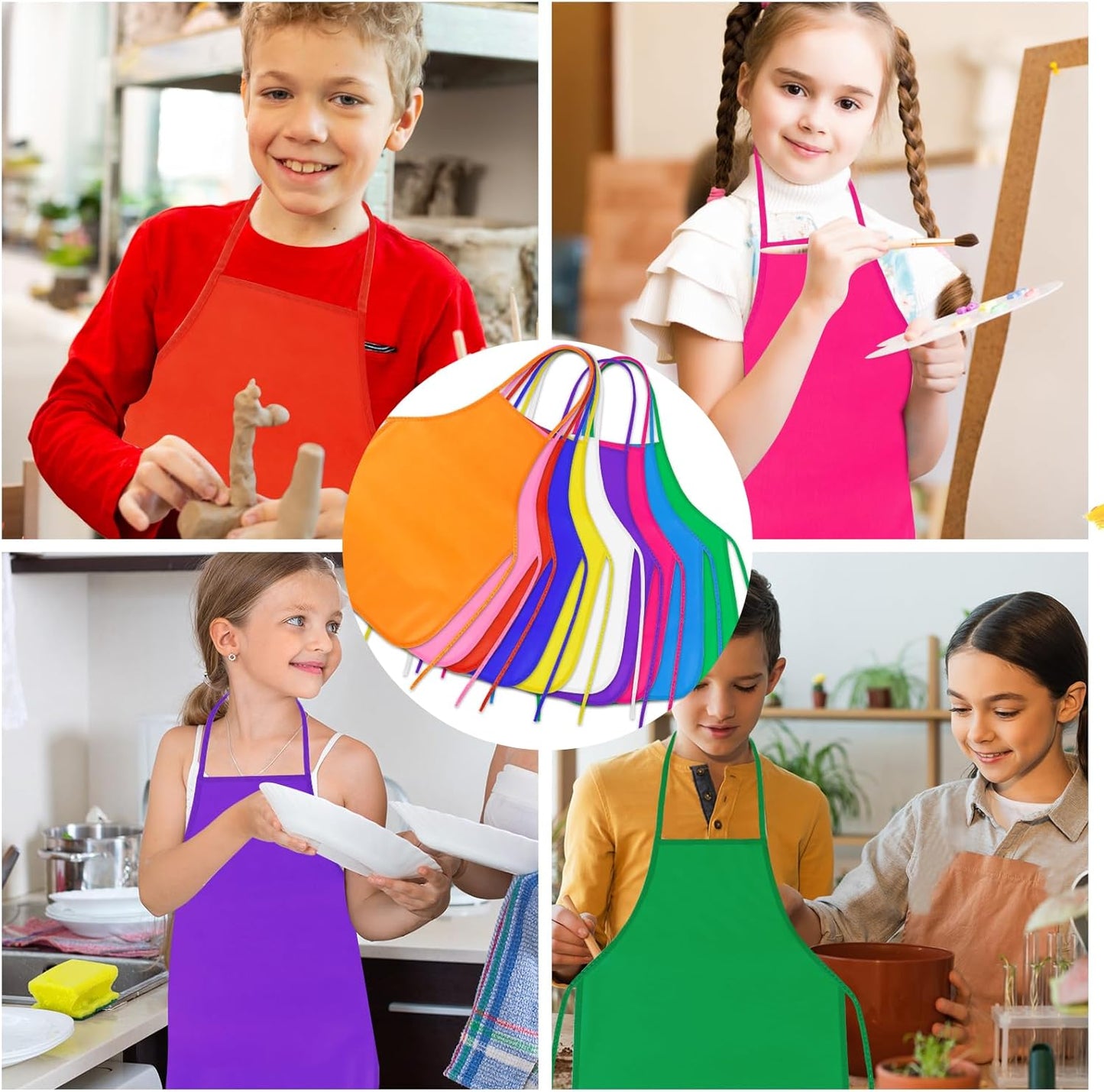 PLULON 4 Pcs Kids Apron Painting Aprons, Kids Aprons for Painting Art Apron Smocks Bulk for Art Activity Craft Home Kitchen Classroom Party Supplies (Red, Blue, Rose Red, White)