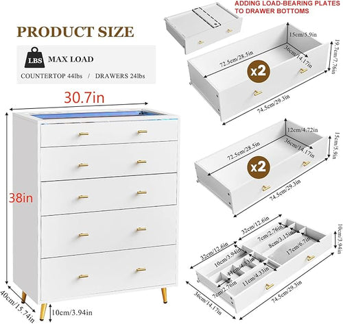 5 Drawer Dresser for Bedroom, 30.7" W x 38" H Tall Tempered Glass Top Dresser - Image 2