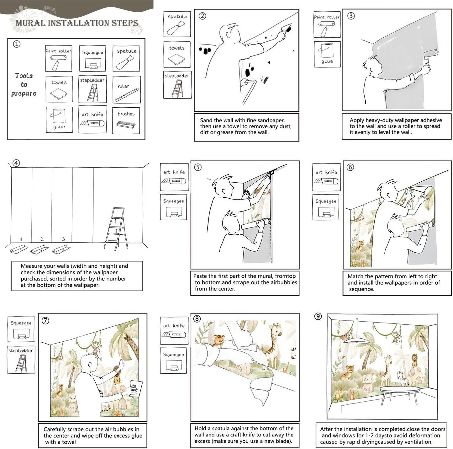 AFZEVEB-Safari Wallpaper Watercolor Animal Nursery Wall murals for Kids Room 136"x96"(Not Peel and Stick)