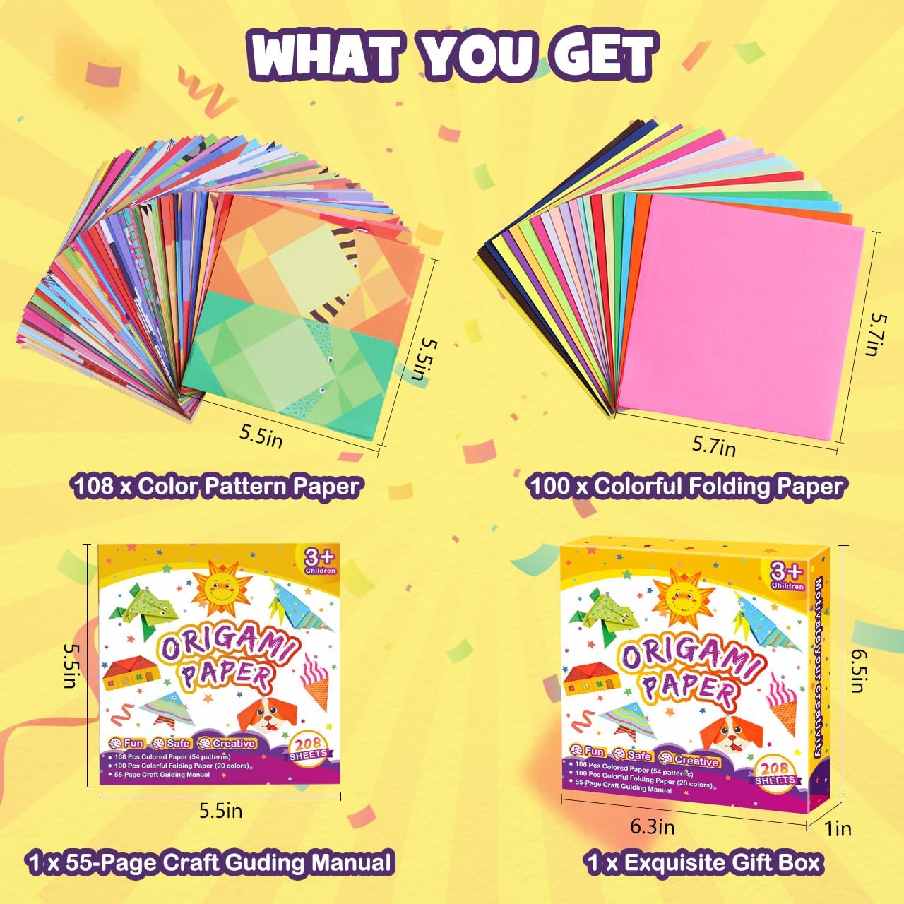 Pigipigi Kids Craft Origami Paper Kit for Kids Ages 5-8 8-12, with Guiding Book, 208 Sheets DIY Art and Crafts Supplies, Colorful Folding Papers Set Projects Gifts Activity for Boy Girl Toys(Cartoon)