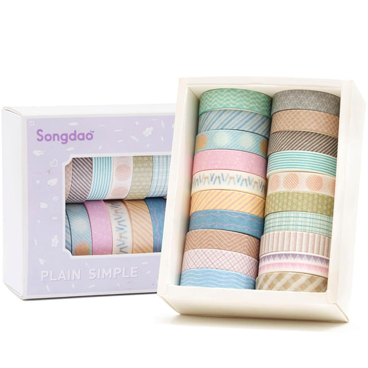 20 Rolls Basic Washi Tape Set Japanese Arts Adhesive Tapes Simple Patterns Decorative Masking Tape Sets for Craft, Kids, Scrapbook, DIY, Gift Wrapping (Style Two)