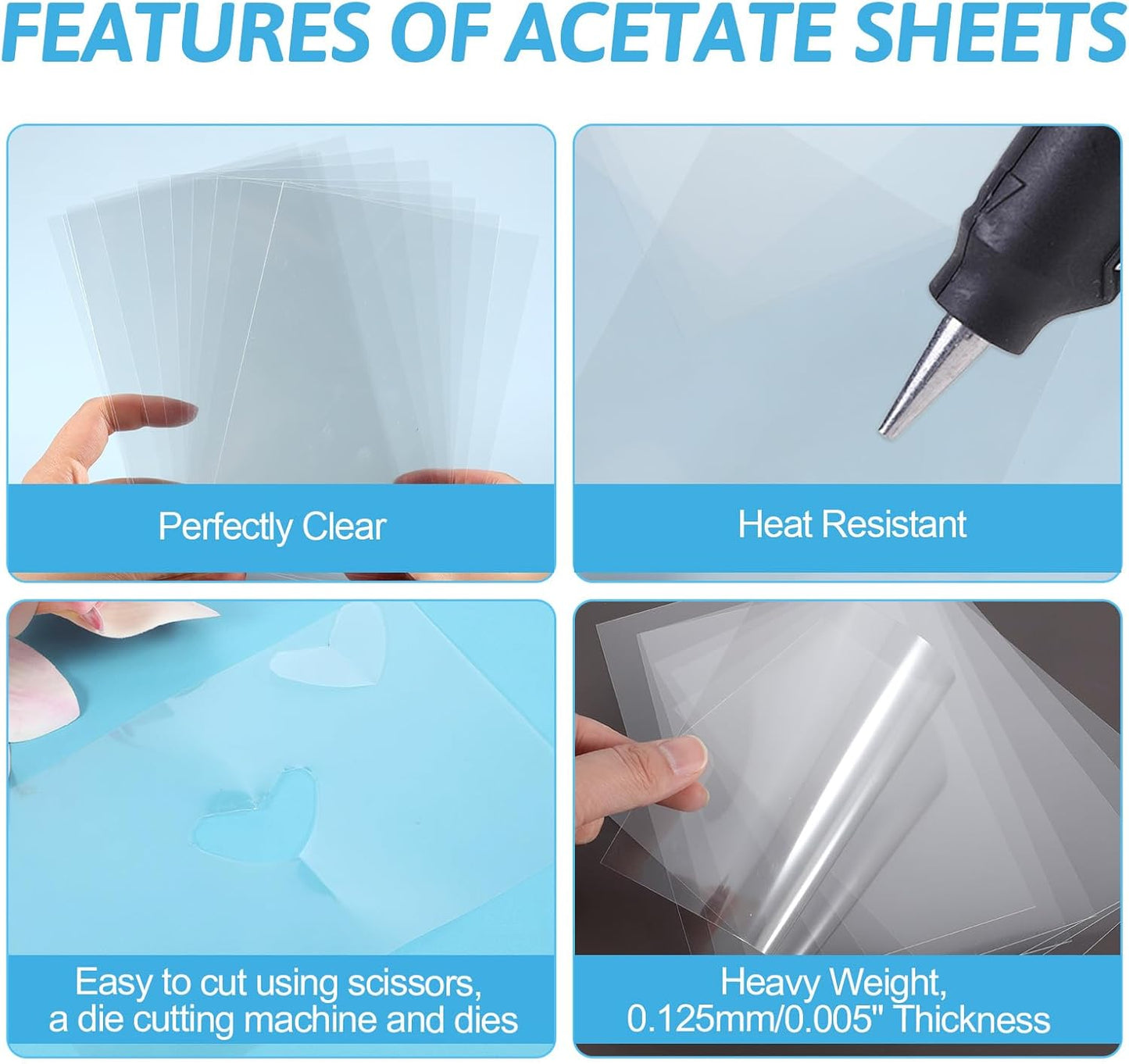 50 Pcs Heat Resistant Clear Acetate Sheets - 4.3x6.3 inch for Handmade Crafts, Transparent Plastic Sheets, BPA Free, Heat Shrink Papers, Anti-static & Easy to Cut