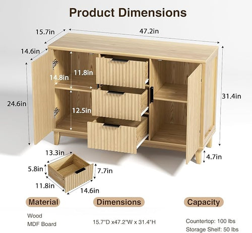 47.2" W Storage Cabinet with 3 Drawers, Fluted Buffet Cabinet with Storage - Image 2