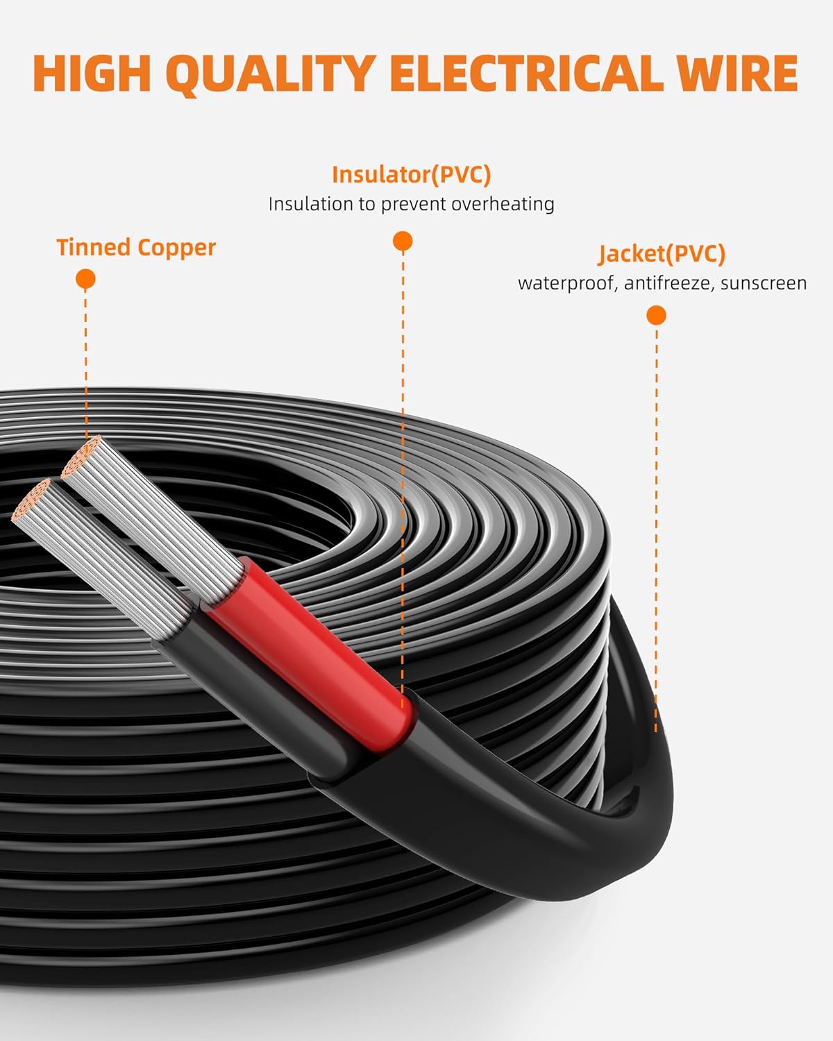 10 Gauge Wire, 10 AWG 2 Conductor Electrical Wire, Flexible/Oxygen-Free Tinned Copper/Stranded PVC 10/2 Cord for Automotive, Marine, LED Strips, Solar, RV, Lighting (50FT)