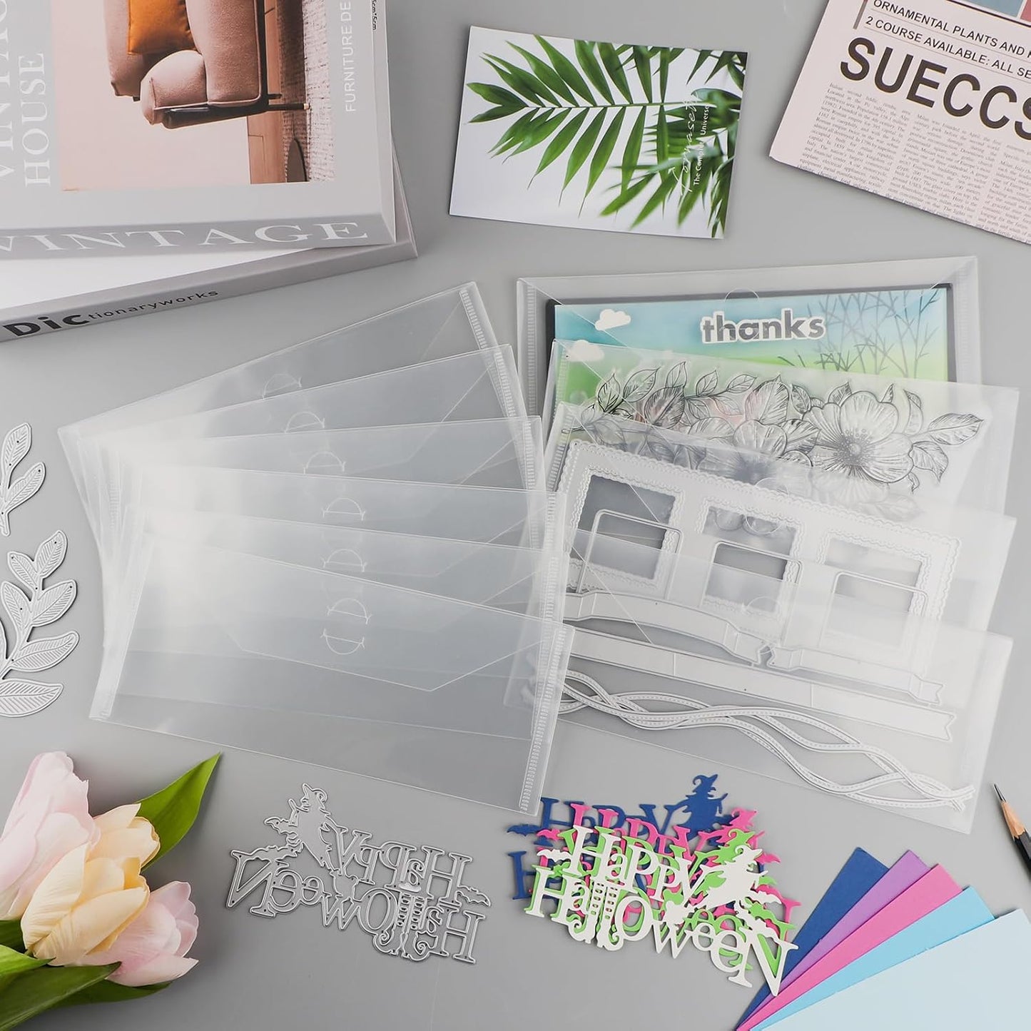 BAOFALI 100 Pcs/Set 5 Sizes Clear Stamp and Die Storage Pockets, Stamp Storage Bags, Plastic Envelopes, Scrapbooking Storage Die Cuts for Stencil Storage Card Making Cutting Dies