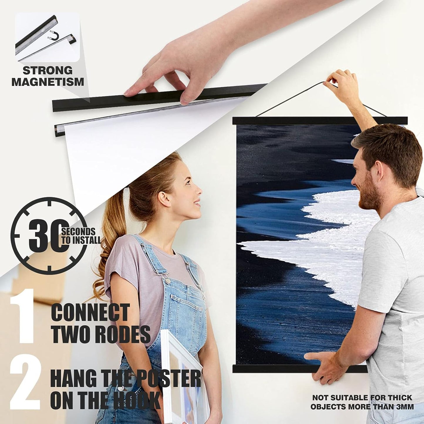 Ywlake Magnetic Poster Hanger, 26x30 26x36 26x19 Frame Wood Wooden Magnet Print Posters Dowel Scroll Hanging Kit for Walls Map Canvas Artwork (Black, 26")