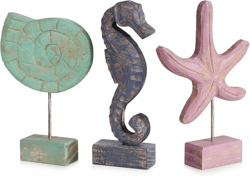 3pcs Wood Handmade Beach Nautical Style Figurines Starfish/Conch/Seahorse by Exttlliy