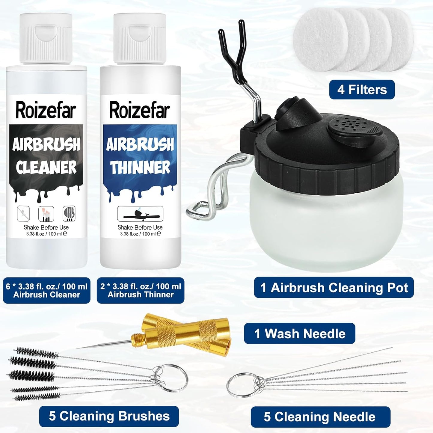 Roizefar Airbrush Cleaning Kit, Airbrush Cleaning Pot with 6 Airbrush Cleaner and 2 Thinner (3.38 oz/ 100 ml) Easily Works with Water-Based and Acrylic Paints, Perfect for Airbrushes and Art Tools