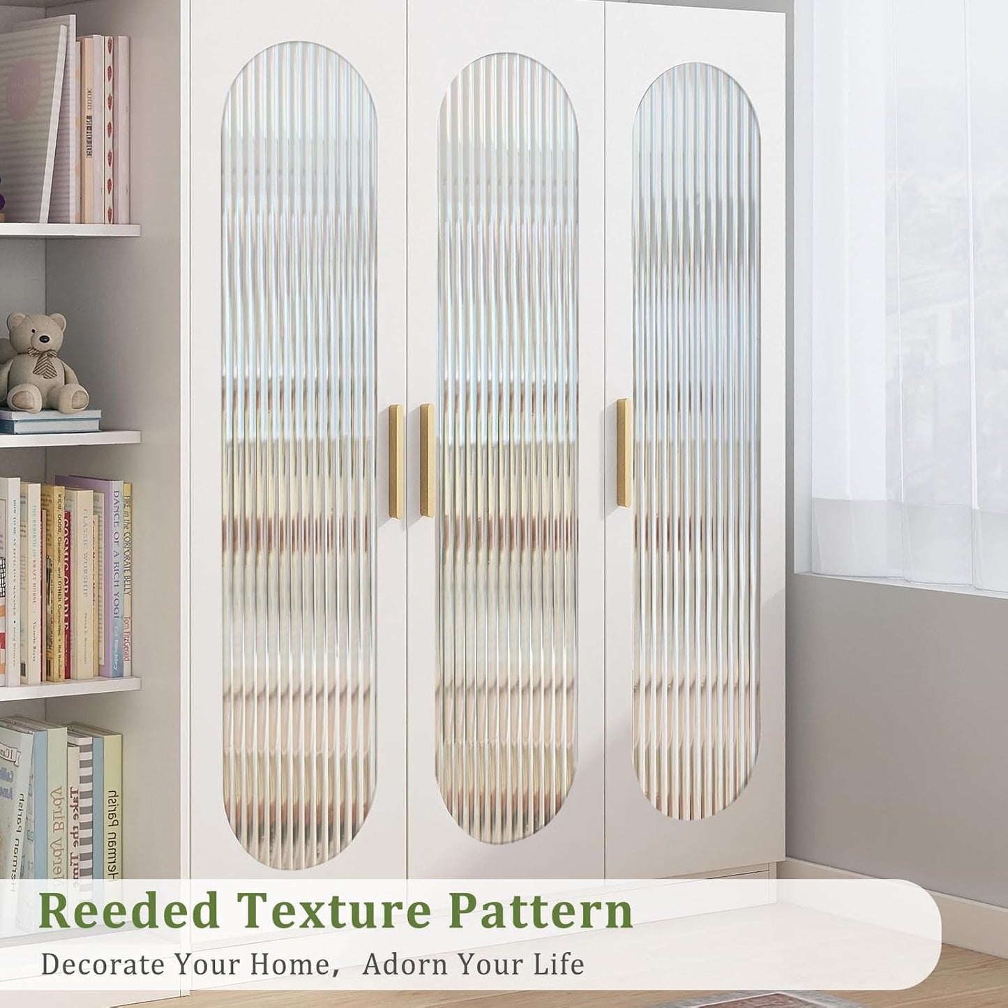 Window Privacy Film, Frosted Reeded Glass Cling, 3D Decorative Coverings with UV Blocking, Adhesive Stickers for Bathroom Doors Cabinet
