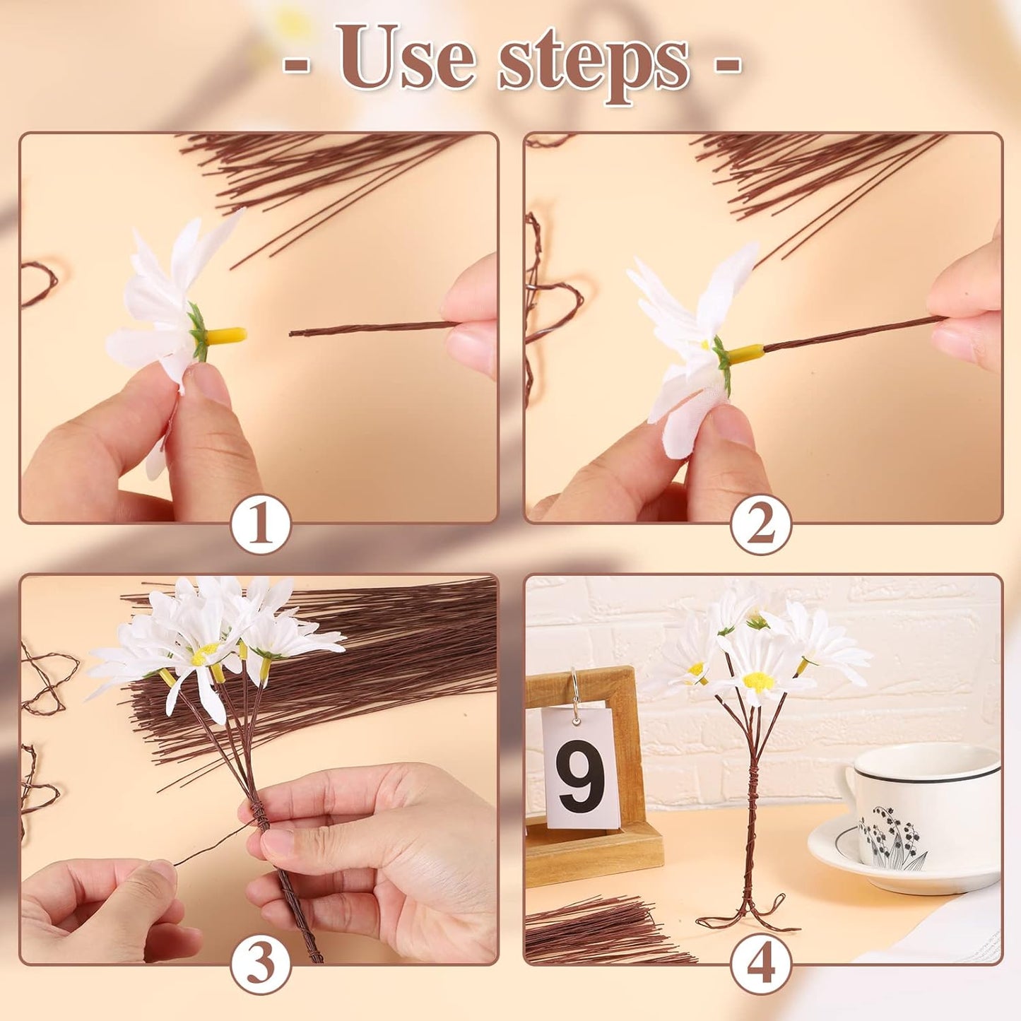 200 Pcs Floral Wire 26 Gauge Crafts Wire Florist Flower Wire Stems Brown Floral Wire for Crafts Bouquet Stem Wreath Making Flower Arrangement Supplies (Brown,14 Inch)