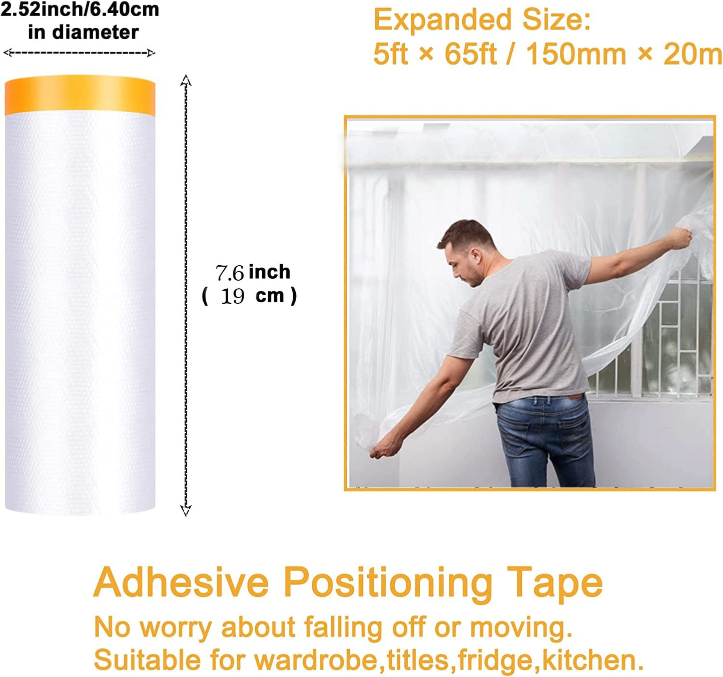 Painters Plastic With Tape, Pre-Taped Masking Film, 10 Rolls Automotive Best Tape and Drape, Paint Adhesive Protective Film Roll for Covering Skirting, Frames, Cars and Auto Body (5 X 65-Feet) (10)
