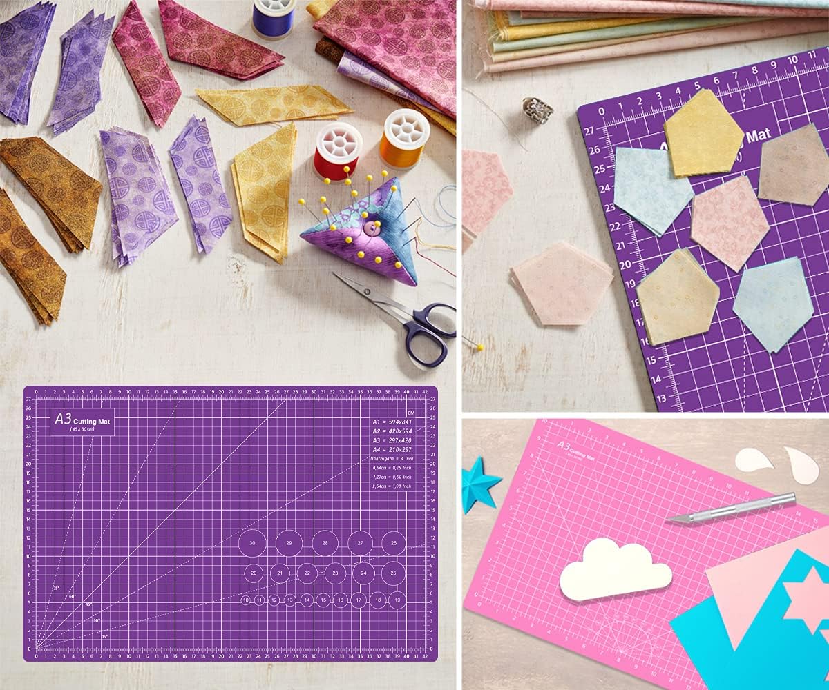 Headley Tools 18"x12" Thickened Self Healing Cutting Mat, A3 Rotary Cutting Sewing Mat for Crafts, Double Sided 5-Ply Table Cutting Board for Fabric Quilting Art Hobby Project, Pink/Purple
