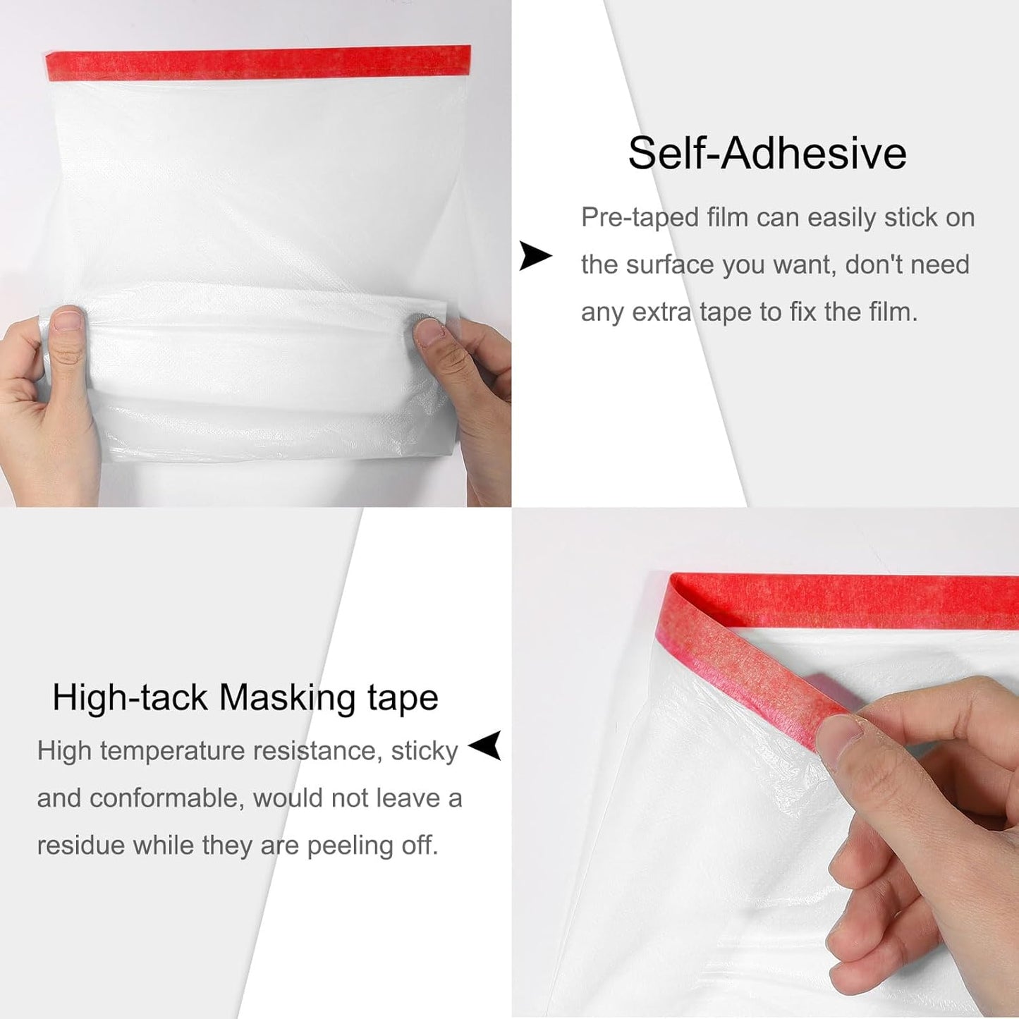 uxcell Pre-Taped Masking Film, 3.6ft x 66ft High-Tack Painters Tape Plastic Drop Cloth with High-Tack Painters Tape for Painting Protection Red 4Pcs