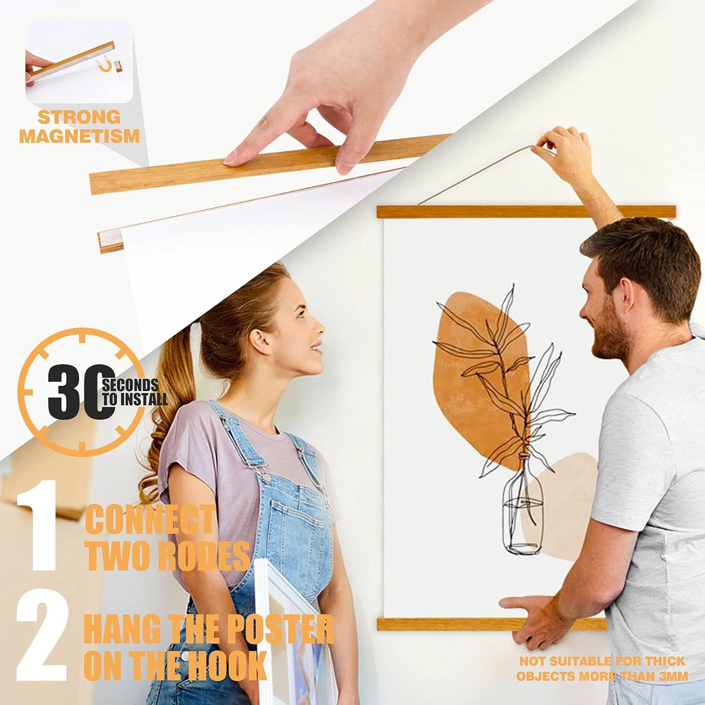 Ywlake Magnetic Poster Hanger, 8x10 8x20 8x11 Poster Frame Wood Wooden Magnet Print Posters Dowel Scroll Hanger Hangers Hanging Kit for Walls Map Canvas Artwork (Teak Wood, 8")