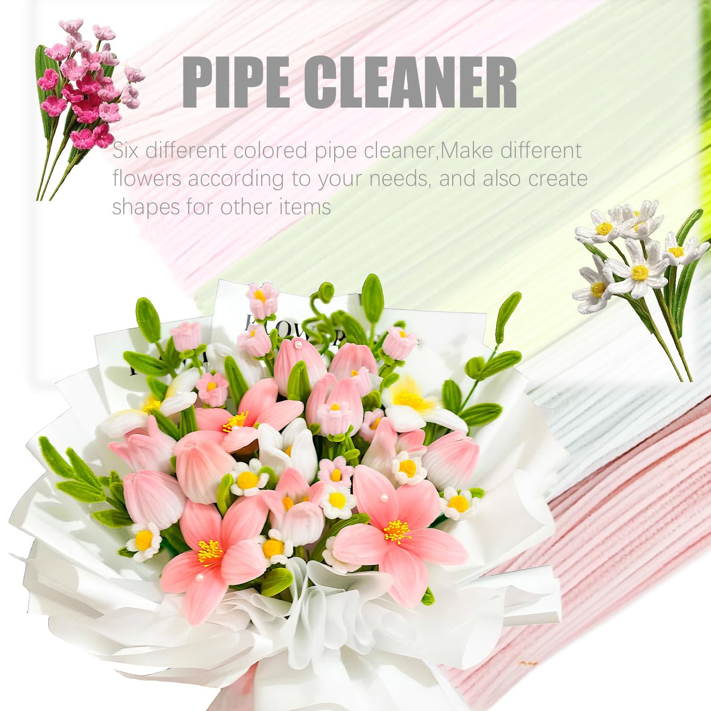 Pipe Cleaners Flowers Craft Kit,621Pcs Pastel Pipe Cleaners DIY Chenille Stems Makiflower stemsng kit with Flower Stems and Tape