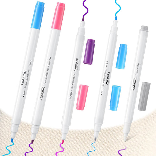 Fabric Markers for Sewing, 5 Count Pack, Includes 2 Water Soluble Fabric Marker 2 Air Erasable Pens 1 Eraser Marker, Disappearing Ink Pen, Sewing Quilting Embroidery Supplies