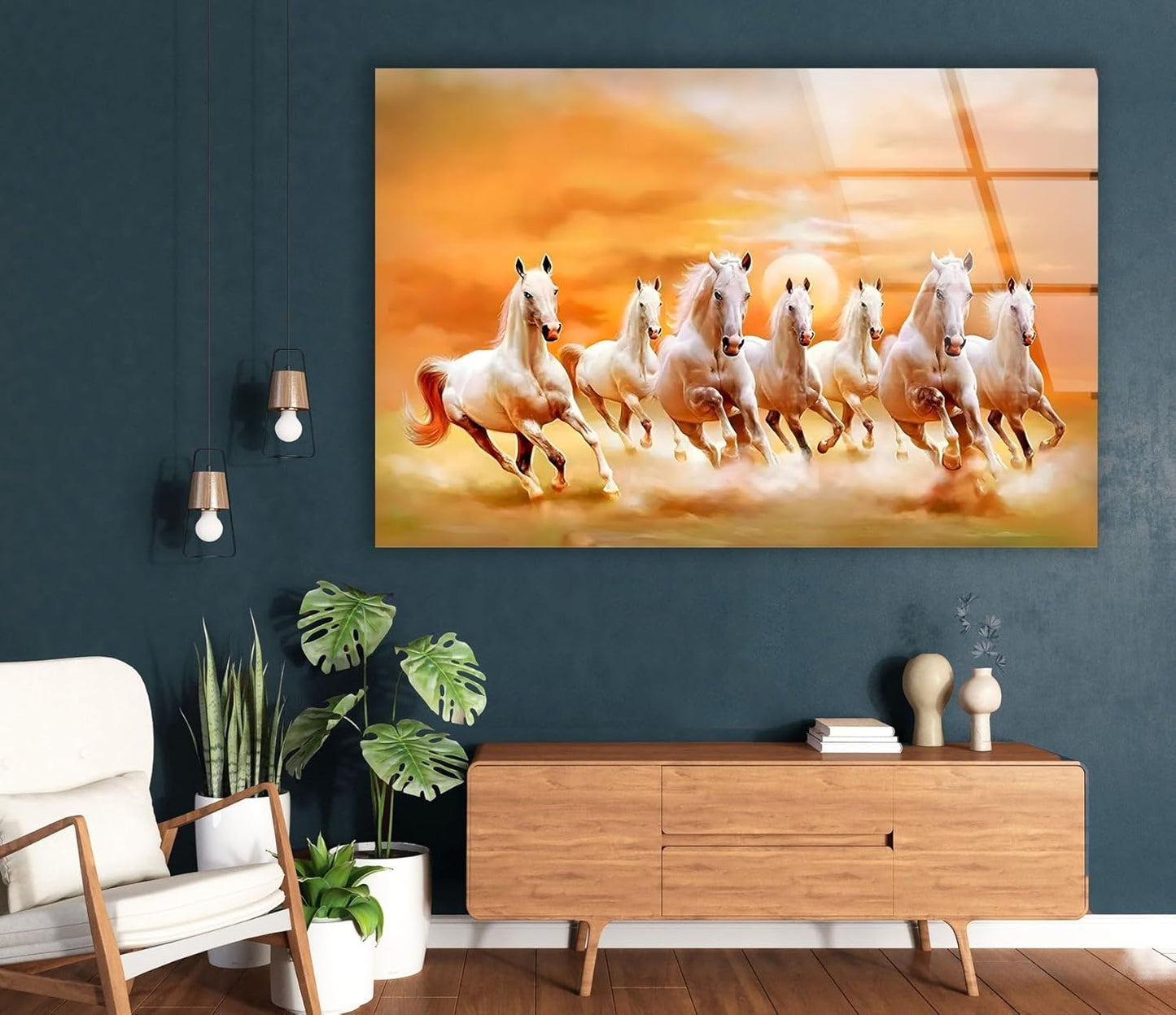 My Photostation.com Round 31,5'' White Horses Running on Sunset Glass Wall ArtTempered Glass Printing Wall Decor Large Wall Art Wall Hangings