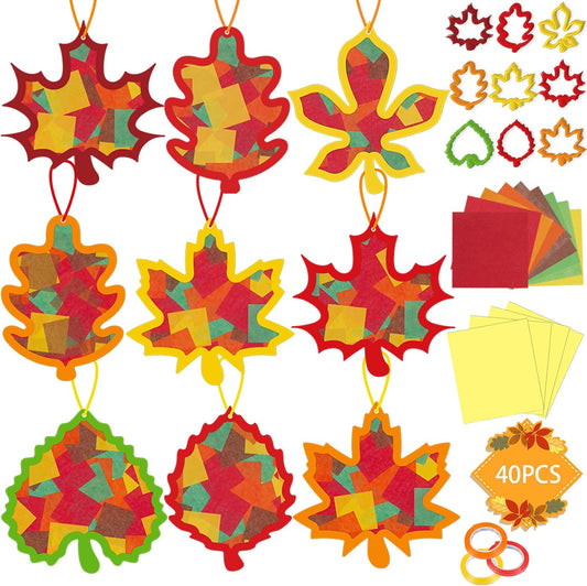 Renbuzhu 40PCS Fall Crafts Bulk: Leaves Paper Suncatchers DIY Kit for Autumn Thanksgiving Activities Decorations, Window Stained Glass Effect Art Supplies(Colorful)