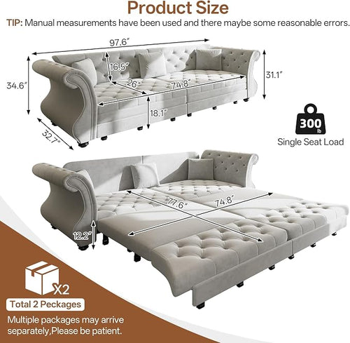 97.6" Oversized Pull Out Sofa Bed, Chesterfield Velvet Sleeper Sofa Couch - Image 2