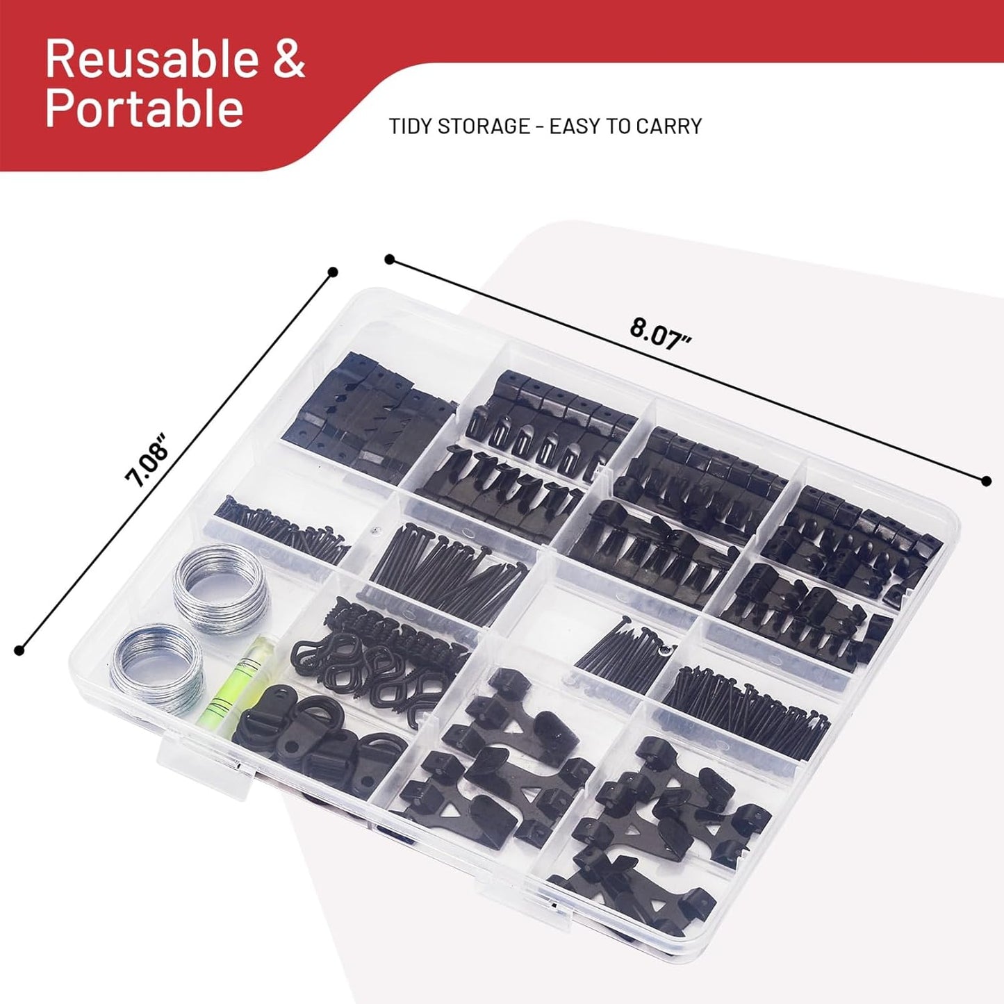303-Piece Picture Hanging Assortment, Heavy Duty Hooks, Nails, Sawtooth, D-Rings, Wire, Level, and Metal Wall Hooks for Picture Framing and Canvas Mounting (Black)