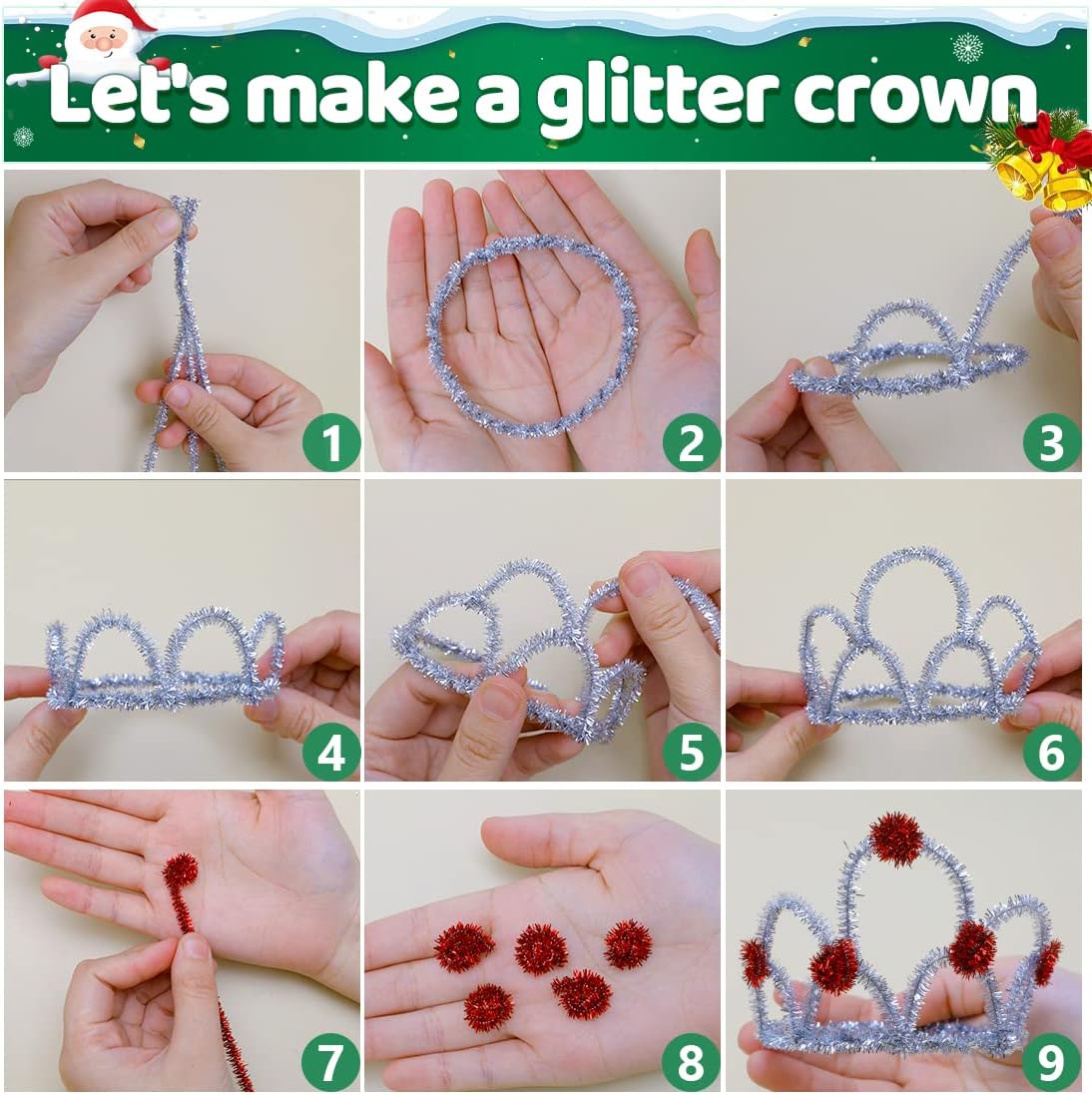 Iooleem 200pcs Green Glitter Pipe Cleaners, Glitter Chenille Stems, Pipe Cleaners for Crafts, Pipe Cleaner Crafts, Art and Craft Supplies, Christmas Pipe Cleaners.