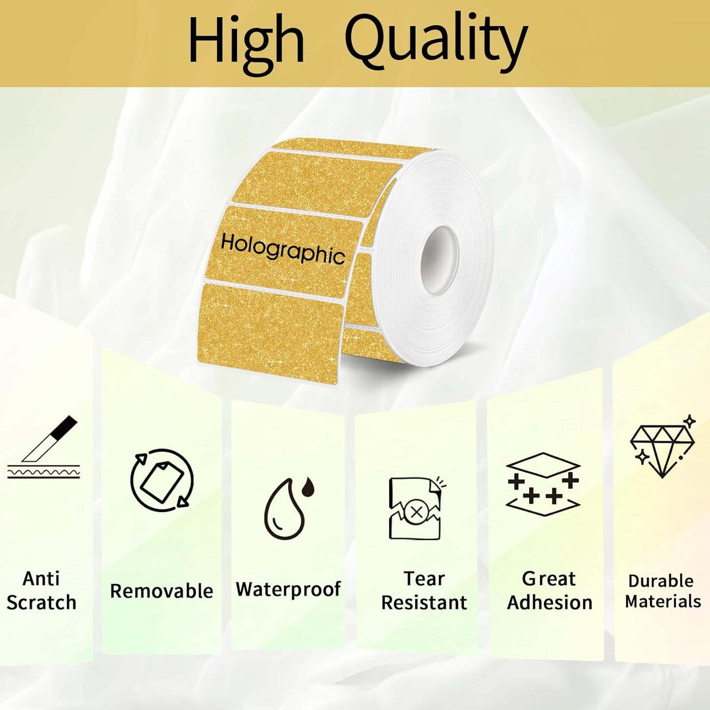 3x2 Inch Holographic Thermal Labels, Glitter Gold Thermal Sticker Labels, Waterproof Thermal Printer Stickers for Price, Barcode, Name, Custom Logo Design, 200 Pcs/Roll