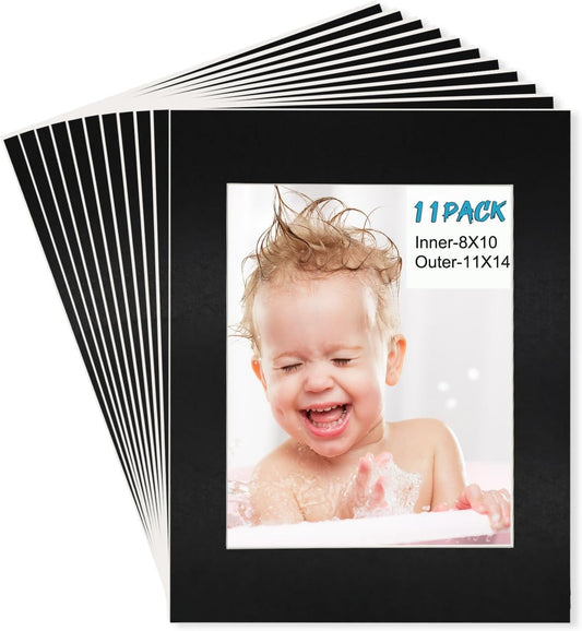 Egofine 11x14 Black Picture Mats Pack of 11, Frame Mattes for 8x10 Pictures, Acid Free, 1.2mm Thickness, with Core Bevel Cut