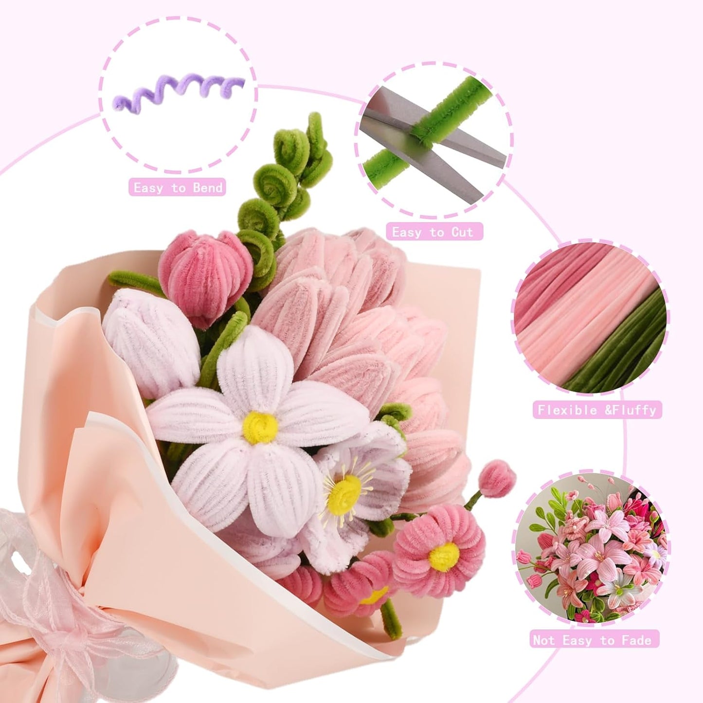 Pipe Cleaners Craft, 400pcs Pipe Cleaners with Flower Stems, Floral Tape, Ribbon, for Flower Bouquet DIY-Pink