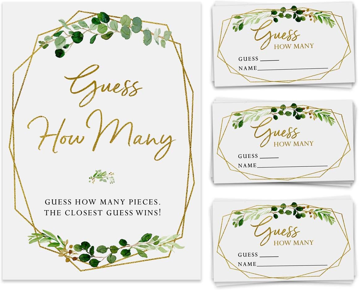 Printed Party Candy Guessing Game, Guess How Many, Greenery, 50 Cards and Sign