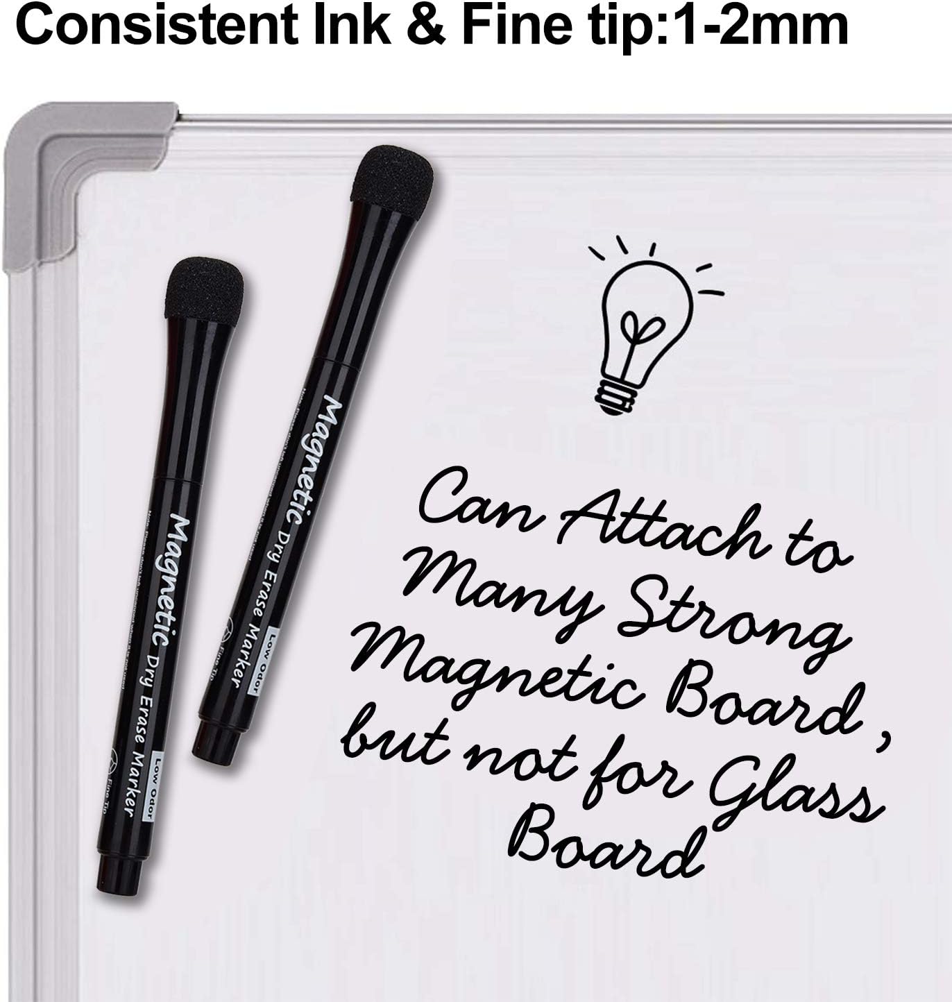 Browill Magnetic Dry Erase Markers, (12 pk) Dealkits Low Odor White Board Markers with Erasers for Kids Teacher Supplies for Classroom Work on White Board, Calender, Fine Tip Point, Black