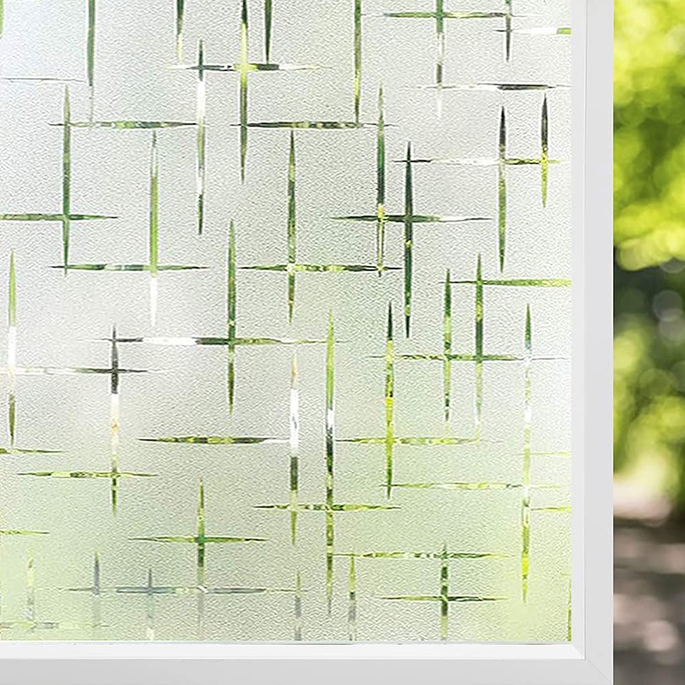NINETREX Frosted Window Privacy Film,Window Cling Privacy Film, Decorative Glass Static Cling Non-Adhesive Vinyl Removable for Home Office Cross Pattern,35.4 x 118.1Inches