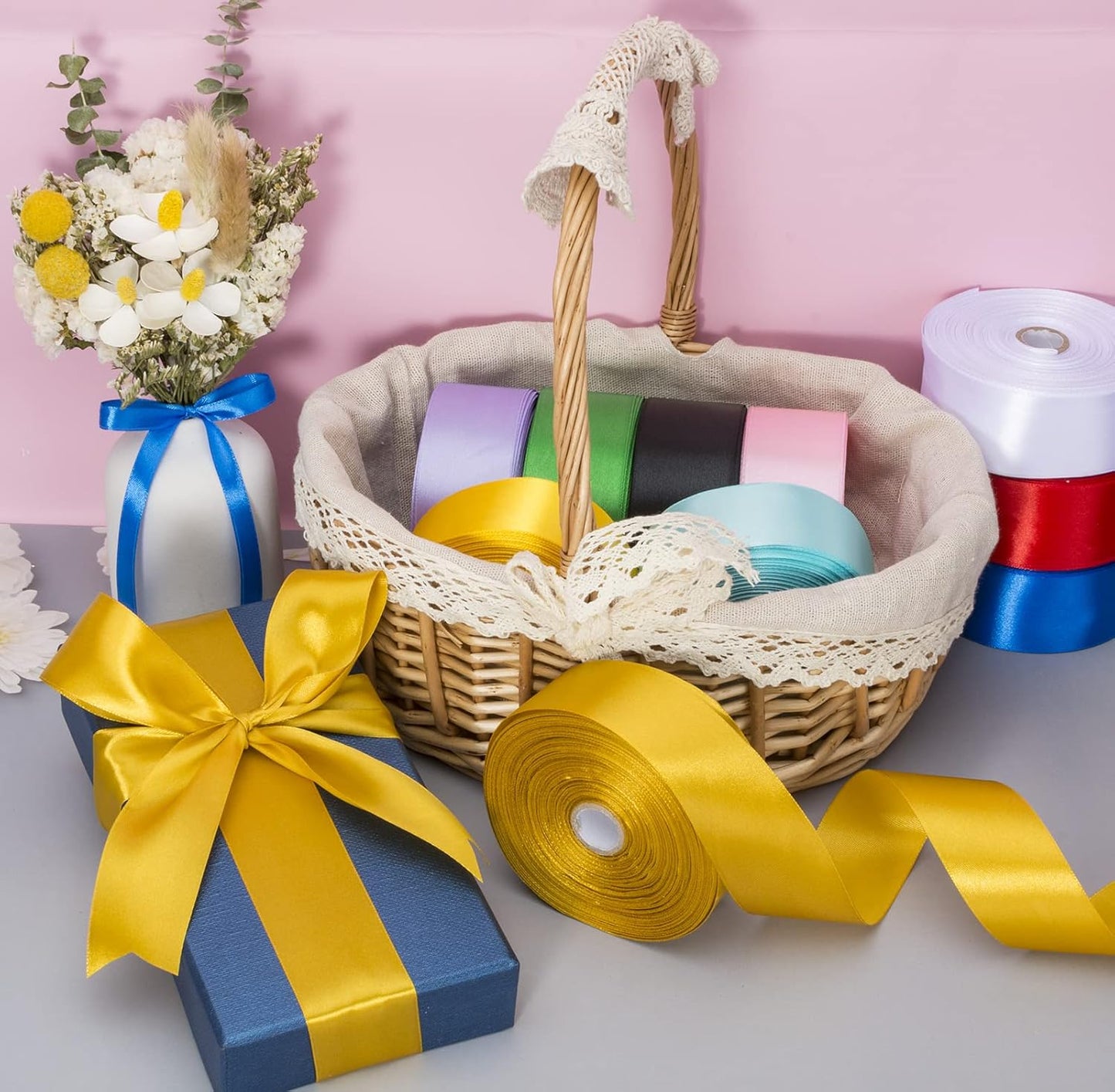 1 1/2 Inch Gold Solid Satin Ribbon, 50 Yards Craft Fabric Ribbon for Gift Wrapping Floral Bouquets Wedding Party Decoration