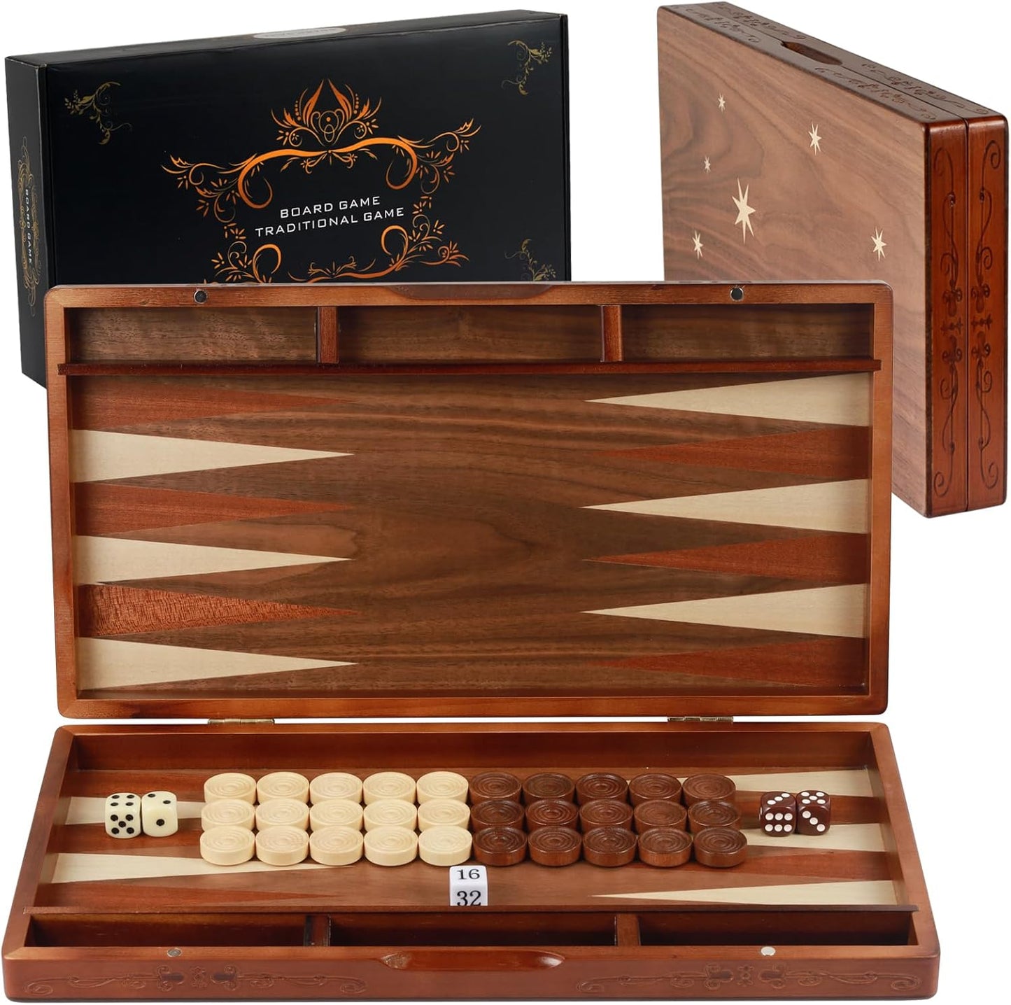 Handcrafted Wooden Backgammon Set, 16" Large Size, Classic Two-Player Strategy Board Premium Travel Game Board for Adults & Teenagers