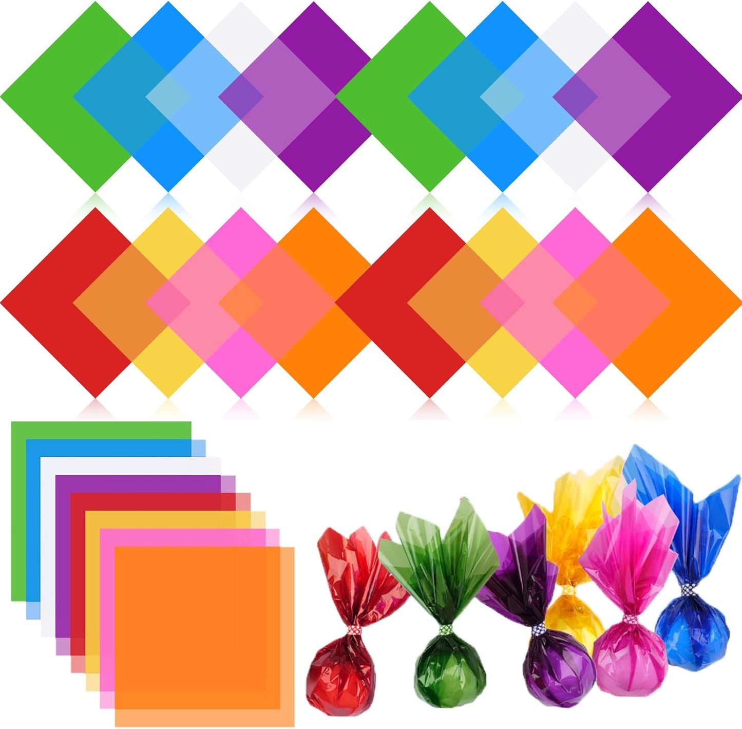 PEASUG 120 PCS Cellophane Sheets, Cello Sheets, Cellophane Paper Sheets, Colored Cellophane Wrap, Transparent Plastic Sheets for DIY Crafts Project, Art, Lights, Window Decoration（7.5x7.5 Inches)