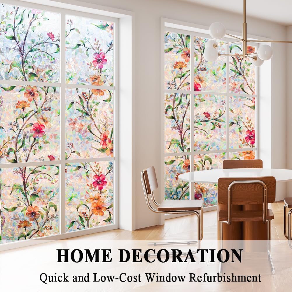 Stained Glass Window Film Static Cling Door Privacy Film Decorative Flowers Green Leaves Window Decals Stickers Heat Control Anti UV for Home and Office,23.6 inches by 118 inches