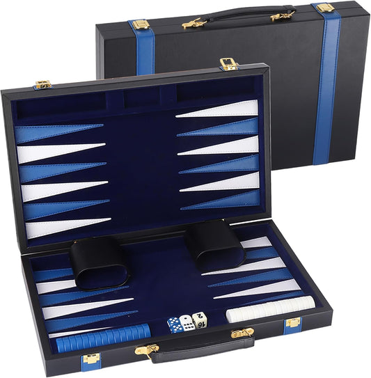 GSE Games & Sports Expert Premium Leather Backgammon Board Game Set, Classic Backgammon Game Set with Leather Case, Travel Folding Board Game (Black&Blue, Large)
