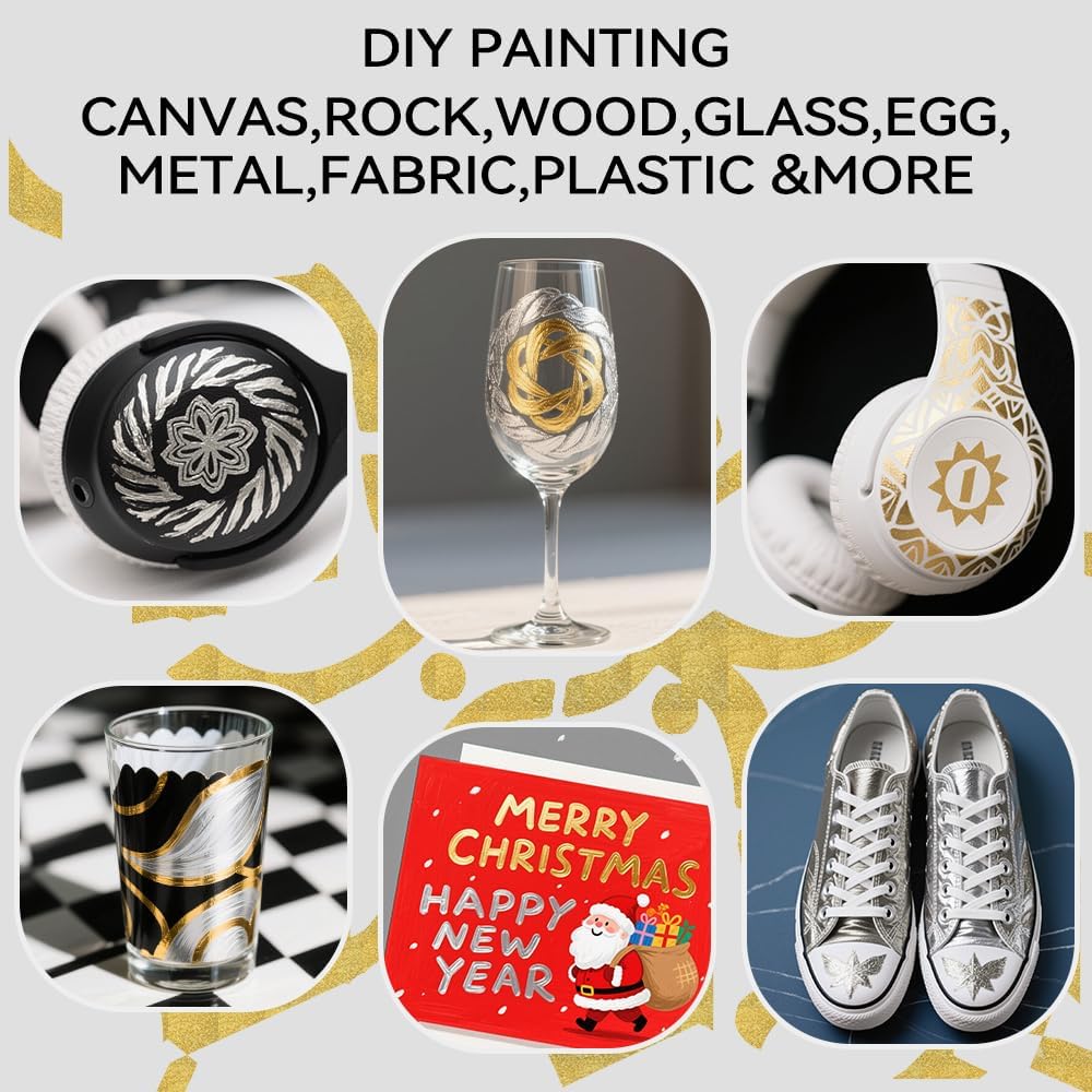 TRANSON 2 Gold, 2 Silver, 2 Black and 2 White Paint Markers Bold and Fine Dual-tip Acrylic Paint Marker Set for Rock Painting Glass Canvas Wood Leather Ceramic Painting