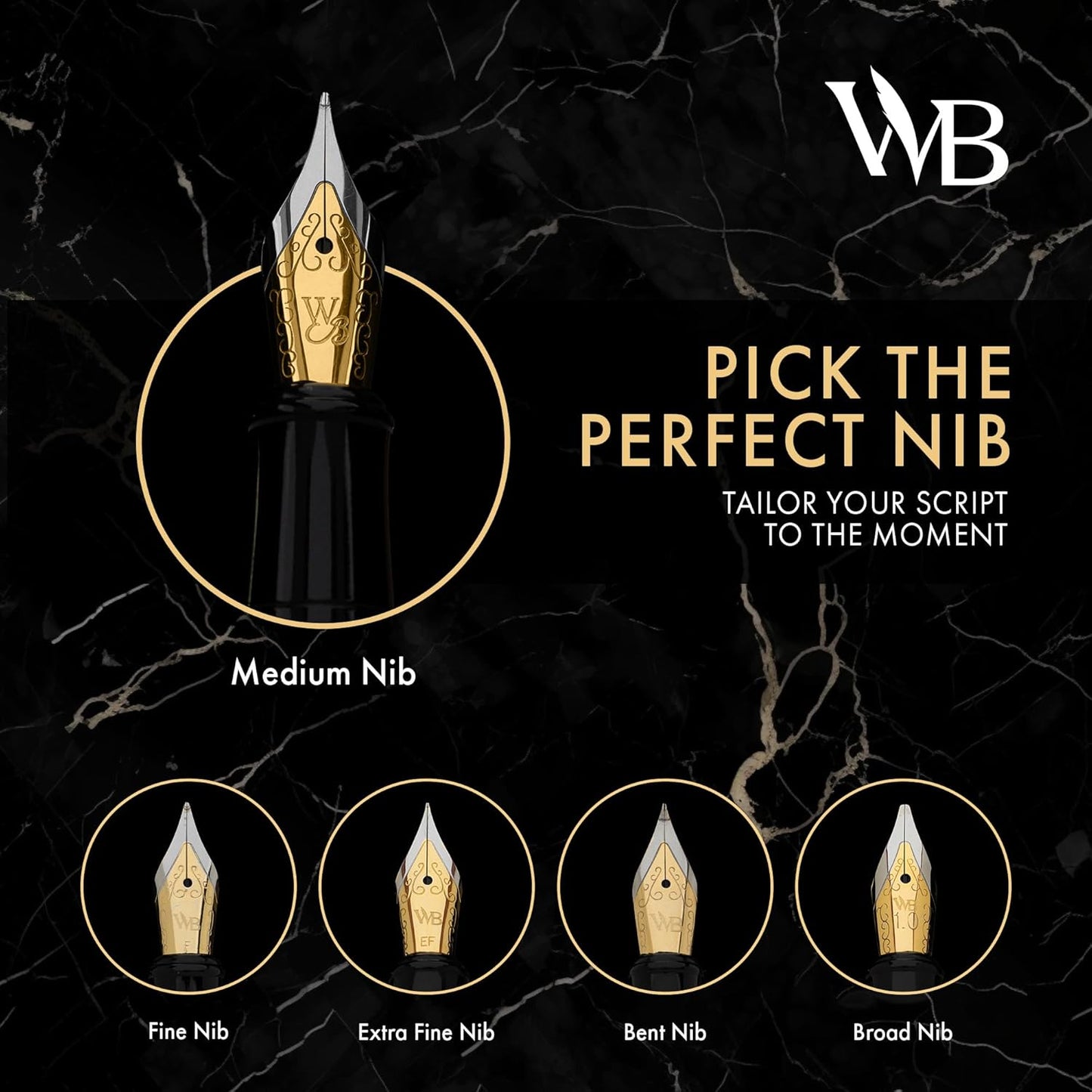 Wordsworth & Black Fountain Pen Set, 18K Gilded Medium Nib, Includes 24 Pack Ink Cartridges, Ink Refill Converter & Gift Box, Gold Finish, Calligraphy, [White Gold], Perfect for Men & Women
