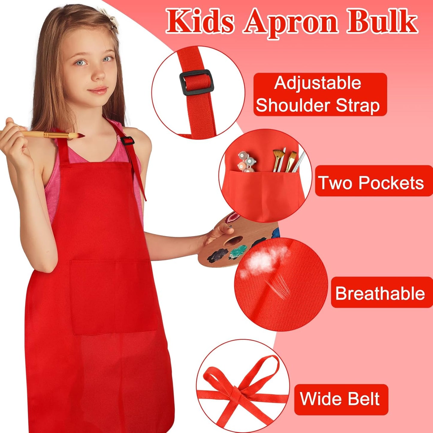 6 Pack Kids Apron bulk with 2 Pockets Adjustable Chef Art Apron Kids Painting Aprons for Cooking Baking Painting Crafting Grilling Activity（6 Color）