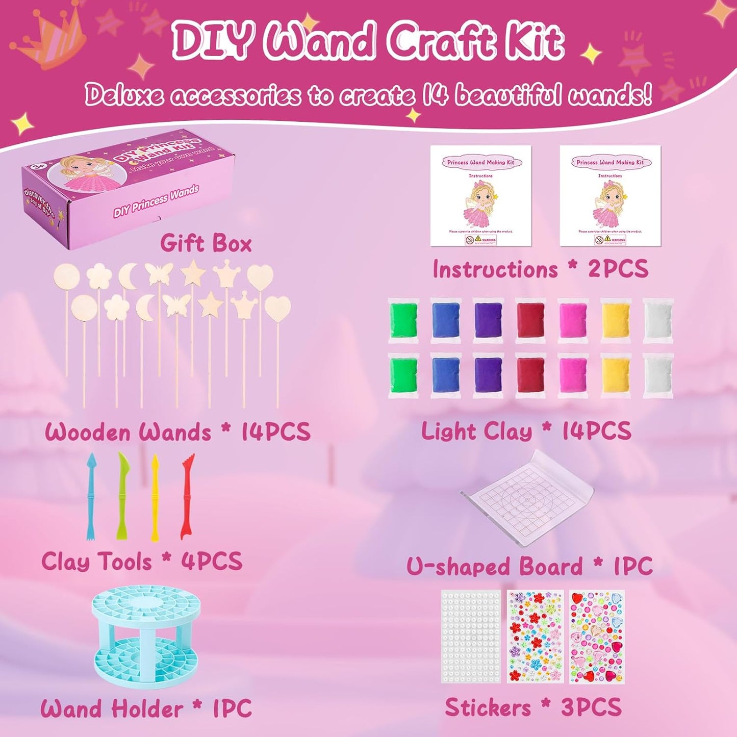 Make Your Own Princess Magic Wand Kit - DIY Fairy Craft Set for Kids Girls - Birthday Party Gift, 39 PCS to Create 14 Wands