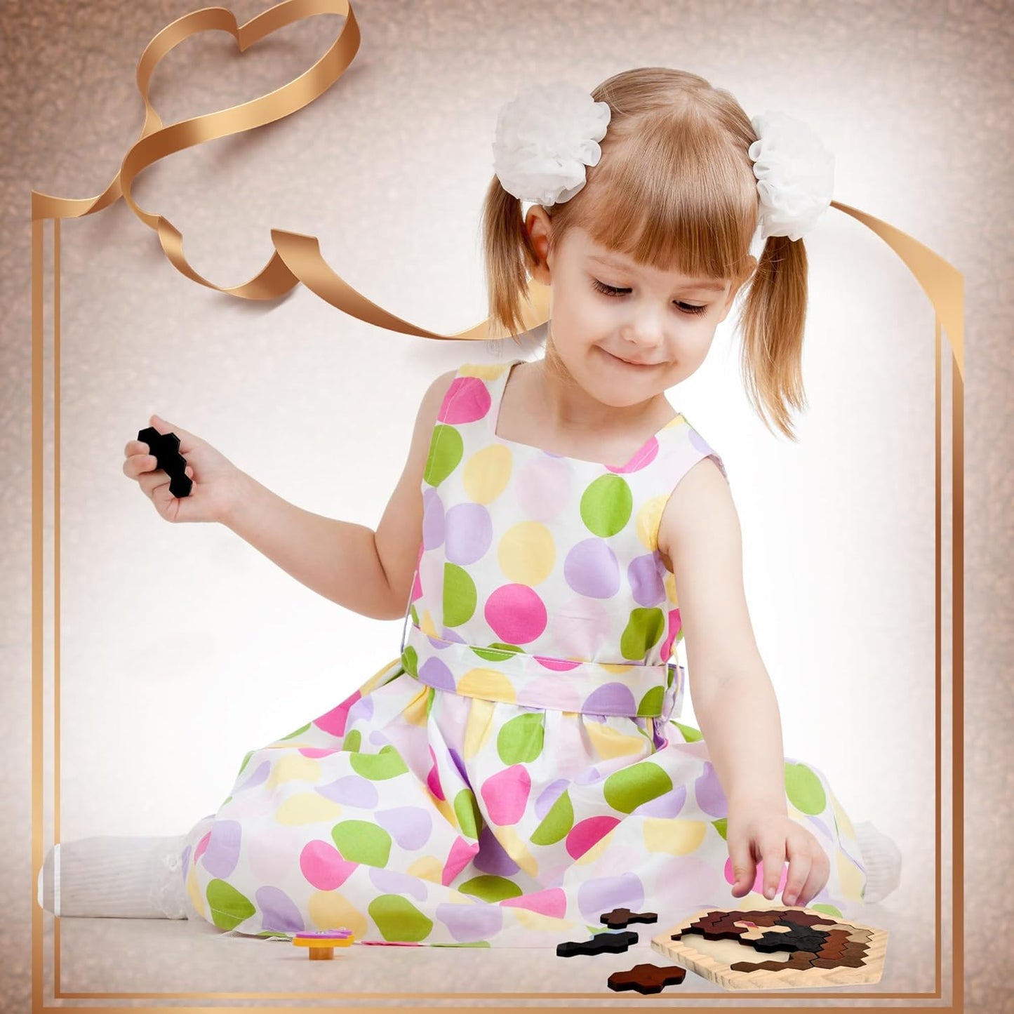 6 Pack Wooden Hexagon Tangram Puzzle Wood Tangram Block Puzzle Set with Storage Bag for Challenge Intelligence Teasers Logic Mind Game