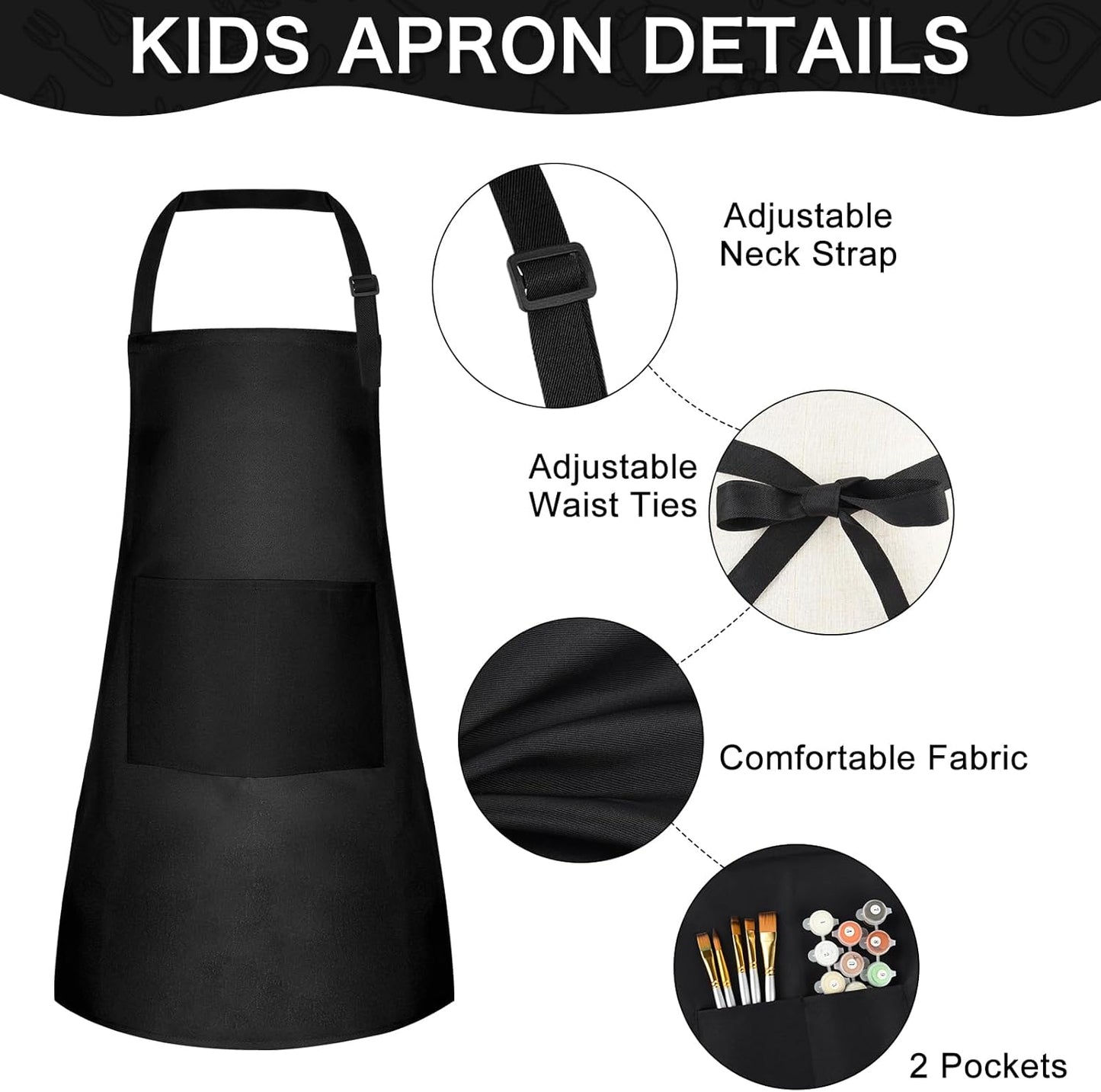 PLULON 6 Pcs Kids Apron with Pocket Adjustable Kids Chef Apron Set for Painting Cooking Baking Grilling Crafting (Black)